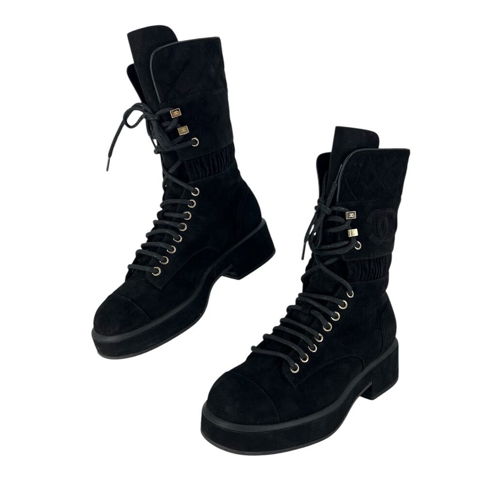 Chanel CC Suede Quilted Lace Up Combat Cap Toe Boots in Black - Picture 4 of 16